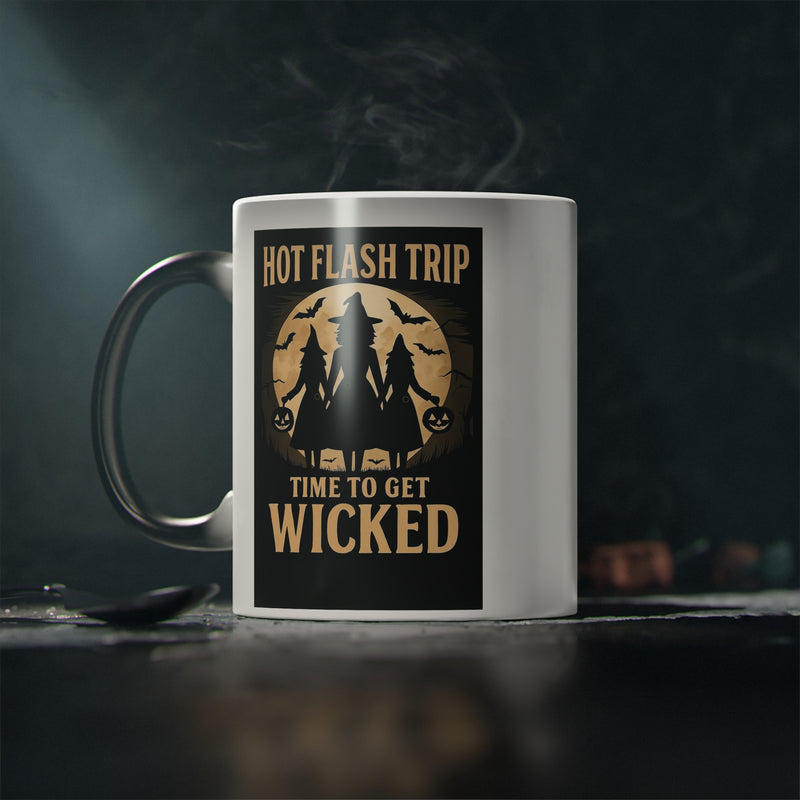 Hot Flash Trip Magic Mug – Heat-Reveal Menopause Coffee Mug – Funny Perimenopause Halloween Gift – 11 oz Witch Mug