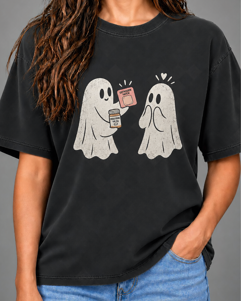 "Estrogen Patch" Ghost Friends Tee – Funny HRT Halloween Comfort Colors Shirt