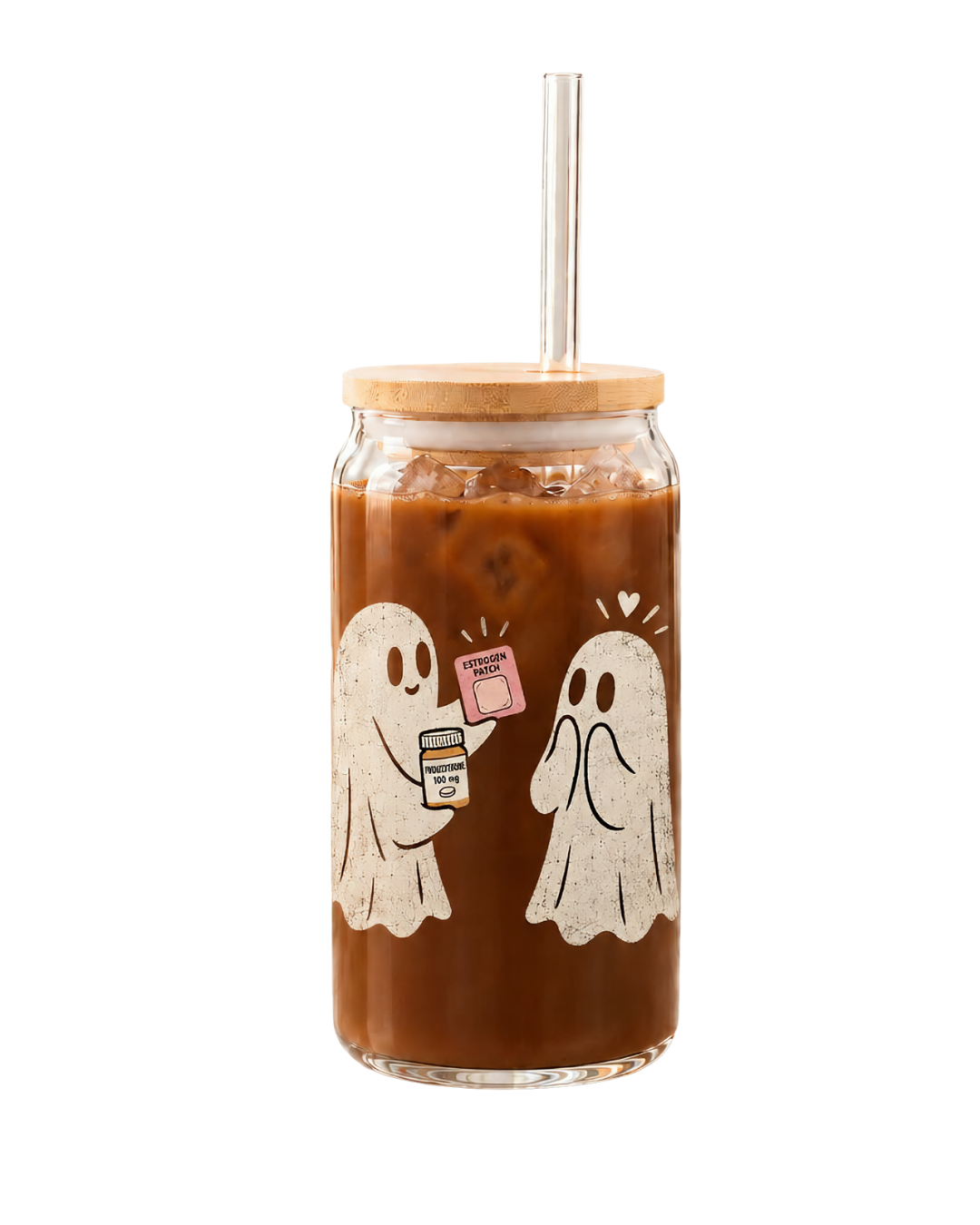 Spooky Season HRT Ghosts 16oz Glass Can | Funny Menopause Halloween Sipper with Bamboo Lid & Straw