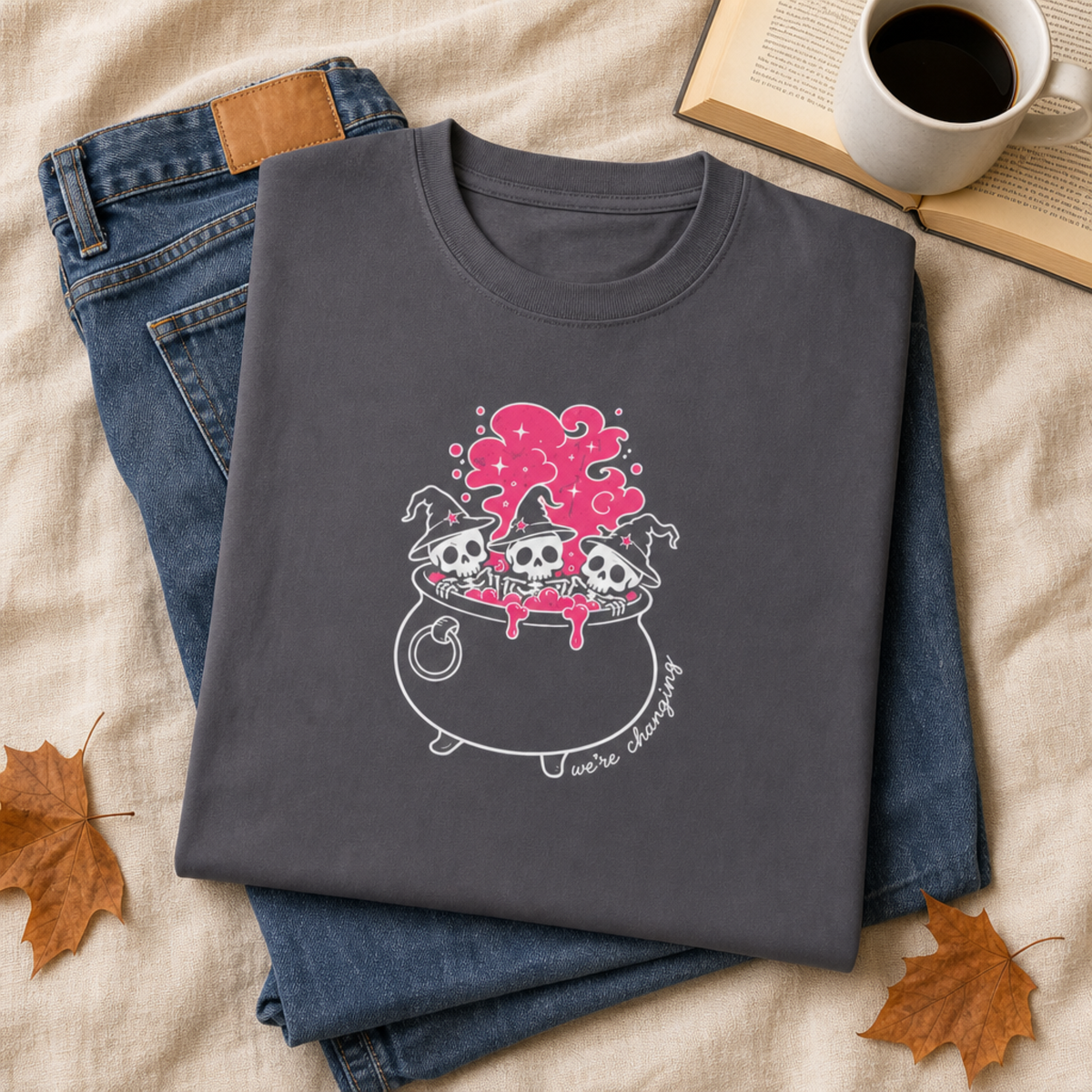 We're Changing Witch Cauldron T-Shirt | Funny Perimenopause Halloween Tee | Skeleton Witches Unisex Shirt | Menopause Gift for Her